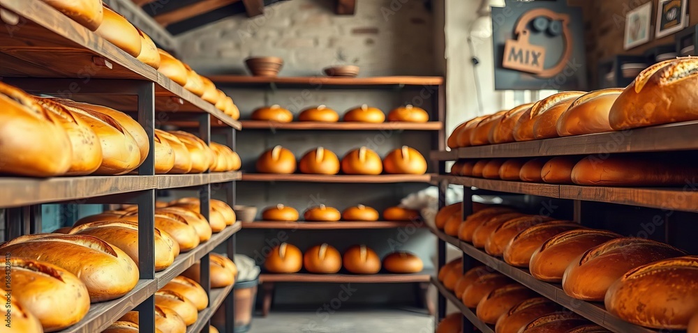 Fototapeta premium Golden-brown loaves on wooden shelves, rustic bakery interior, dough, flour