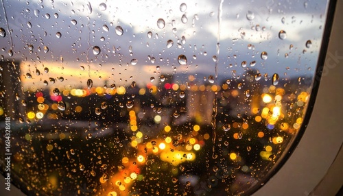 Raindrops cling to a window, blurring city lights. Orange sunset fades behind buildings in a soft, dreamy evening scene, viewed from inside