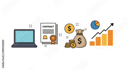  flat startup business icons, isolated on white background, including pitch presentation, funding, innovation, and success