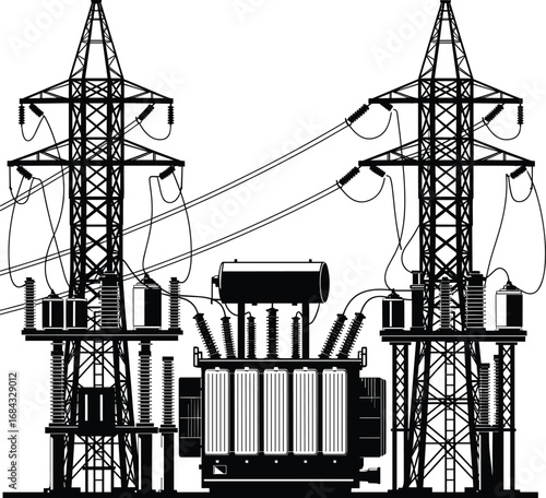 High voltage electrical substation with power transformers, transmission towers, energy distribution system, industrial infrastructure, electricity supply network, 