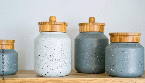 Four canisters with wooden lids sit on a wooden shelf against a white wall. They are different sizes and colors, with light specks