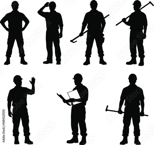 Silhouette construction workers in various poses with tools, hard hats, industrial safety gear, engineering design, teamwork concept, building industry, vector illustration