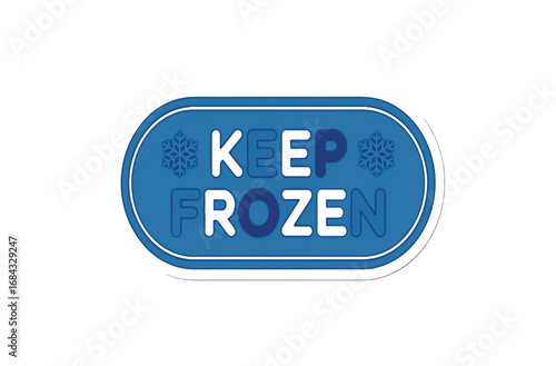 Vector illustration of a blue Keep Frozen warning label. Modern sticker design with snowflake icons for food packaging and storage instructions