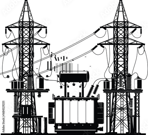 High voltage power substation with transformers, electrical transmission towers, energy distribution network, industrial electricity infrastructure