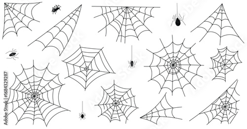 Spiders and webs for Halloween, doodle style insects, spider webs set