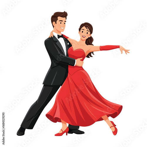 Elegant couple performing a classic ballroom dance, with the woman in a flowing red dress and the man in a black tuxedo
