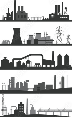 Industrial infrastructure silhouettes, factory, refinery, power plant, oil pump, bridge, storage tanks, manufacturing facility, heavy industry, construction site, flat vector illustration