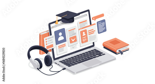 Modern 2D vector illustration of online education, clean flat design, white background, featuring laptop, e-learning