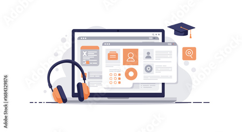 Modern 2D vector illustration of online education, clean flat design, white background, featuring laptop, e-learning