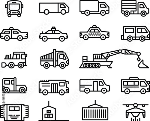 Vehicle icons, transportation symbols, truck, bus, car, taxi, forklift, excavator, crane, drone, shipping container, warehouse, logistics, flat vector illustration