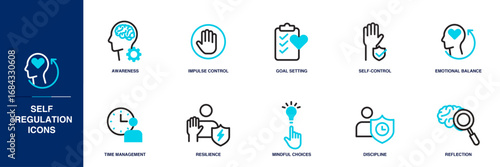 Self-regulation Blue Colored Outline Icon Set