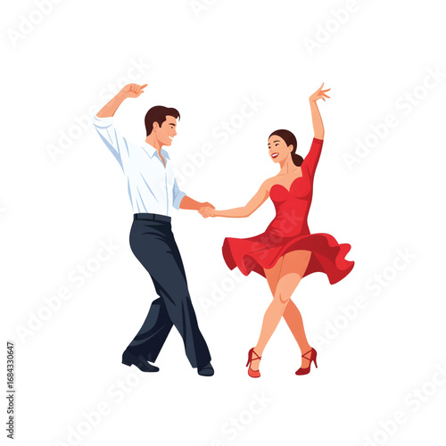 Elegant couple in vibrant attire performing a passionate Latin dance, showcasing grace and connection in a salsa or tango routine