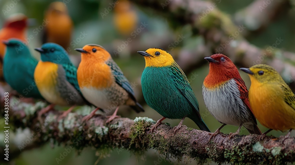 Fototapeta premium Stunning Array of Colorful Bird Species with Unique Sizes and Lush Plumage Resting in Peaceful Natural Surroundings Inspiring Wildlife Appreciation