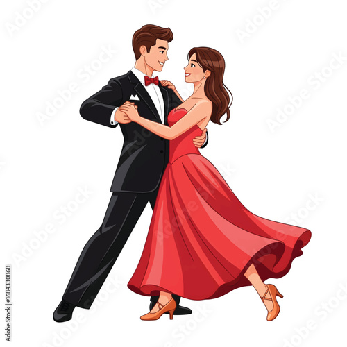 Elegant young couple in formal wear performing a romantic ballroom dance. Vector illustration of a man in a tuxedo and a woman in a red dress