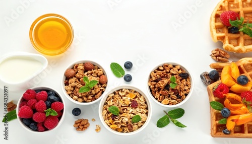 Eye-level close-up of colorful breakfast treats arranged on a clean white surface, including granola bowls, waffles, berries, peaches, honey, and cream