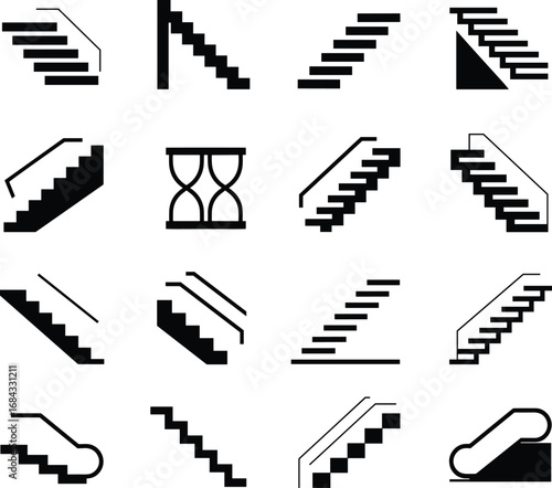 Staircase icons set, steps, stairs, escalators, architectural symbols, interior design elements, building access, construction, home, office, public space design