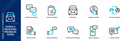 Giving & Receiving Feedback Blue Colored Outline Icon Set