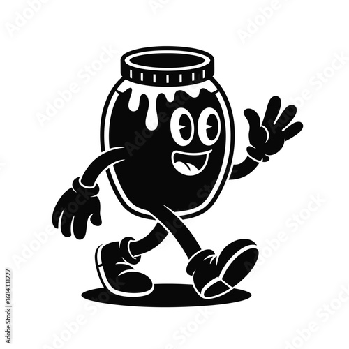 Retro cartoon jar character walking and waving