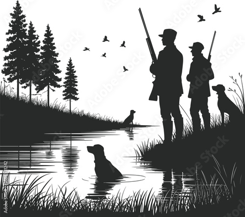 Silhouette hunters with rifles and hunting dogs near river, birds flying overhead, forest scene, black and white outdoor illustration