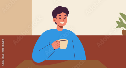 Smiling Man Holding Coffee Cup Enjoying Beverage.