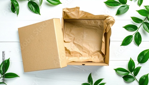 Open cardboard box with crumpled brown paper inside, surrounded by fresh green leafy branches on a white wood surface, viewed from above