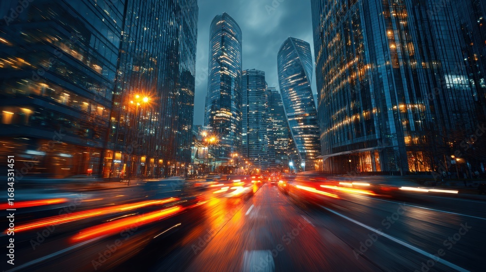 Obraz premium Dynamic Urban City Street at Dusk with Vibrant Light Trails Evoking Energy and Excitement in Metropolitan Life