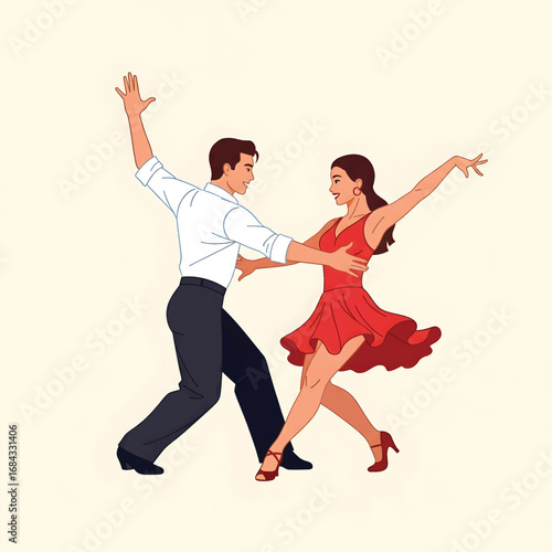 Elegant couple performing a passionate Latin dance, a vector illustration of man and woman in motion. Isolated graphic design element