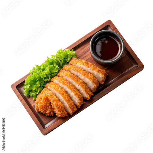 Delicious chicken katsu served on a wooden tray with lettuce and dipping sauce