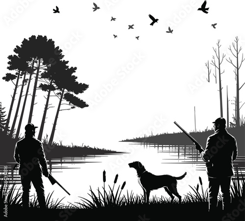 Silhouette of hunters with dog by lake in forest, birds flying overhead, peaceful nature scene, black and white artwork