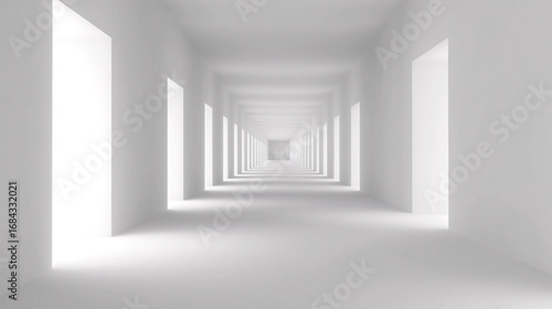 Fototapeta Naklejka Na Ścianę i Meble -  Futuristic white corridor with symmetrical architecture, soft lighting, and deep perspective. Ideal for tech, architecture, or conceptual design themes in commercial use.