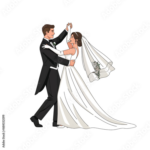 An elegant illustration of a bride and groom's first dance. A romantic newlywed couple in classic wedding attire, isolated vector artwork