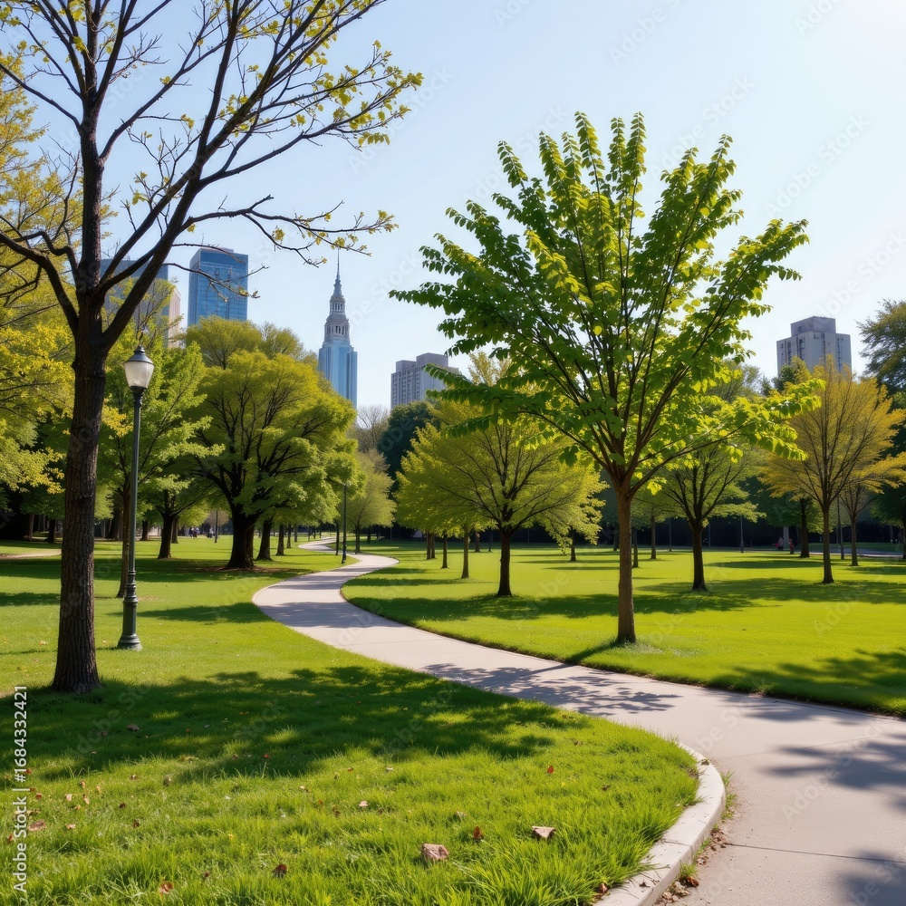 Obraz premium Serene Urban Park Pathway Surrounded by Lush Green Trees and Modern City Skyline in Bright Daylight