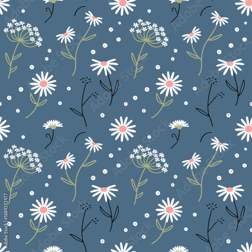 Delicate floral pattern with daisies and wildflowers on blue