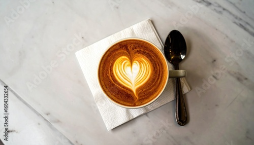 Aerial view of a latte art heart in a white cup resting on a napkin next to a spoon atop a marble surface