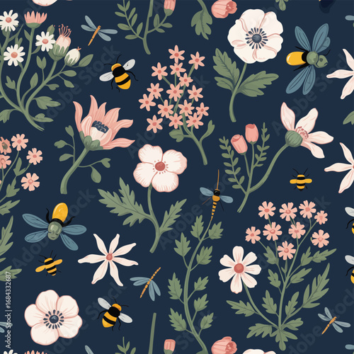 Floral seamless pattern with bees and dragonflies
