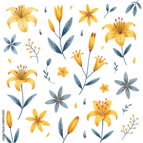 Watercolor floral pattern with yellow lilies and blue leaves