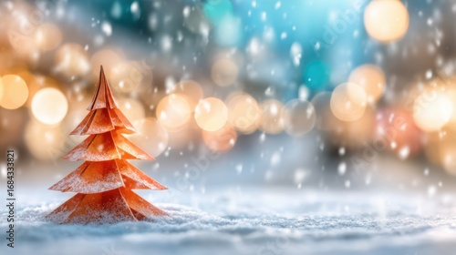 Festive orange paper tree nestled in snowy landscape with blurred lights