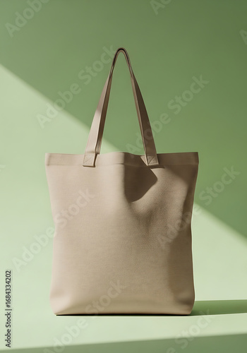 Beige Tote Bag with Long Handles on Green Background Natural Lighting Minimalist Style