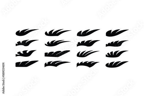 Dynamic collection of black abstract graphic elements featuring stylized wings and flowing swoosh shapes, perfect for modern design projects and branding assets