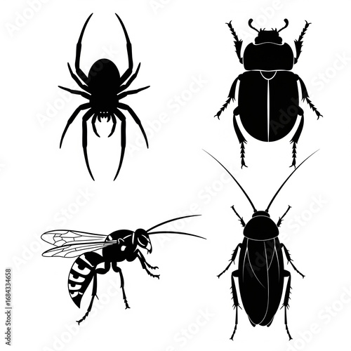 Insect Silhouettes Collection on Isolated transparent background, Spider Beetle Wasp Cockroach Set
