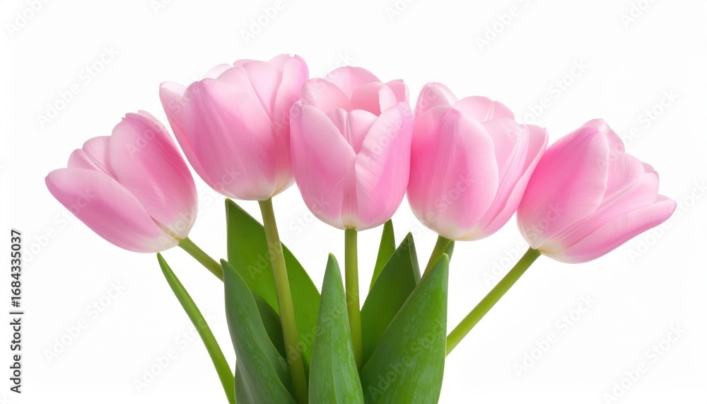 Naklejka premium A stunning close-up of pink tulips in bloom, showcasing delicate petals and vibrant green stems on a white background.