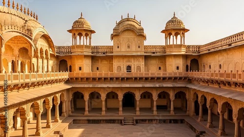 Majestic Sandstone Architecture of Garh Palace Bundi Featuring Intricate Carvings Balconies and Courtyards Under a Clear Sky in Rajasthan India Old World Charm and Historical Significance