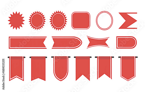 Red banner ribbons and badge shapes flat vector design isolated for graphic elements and promotional product displays
