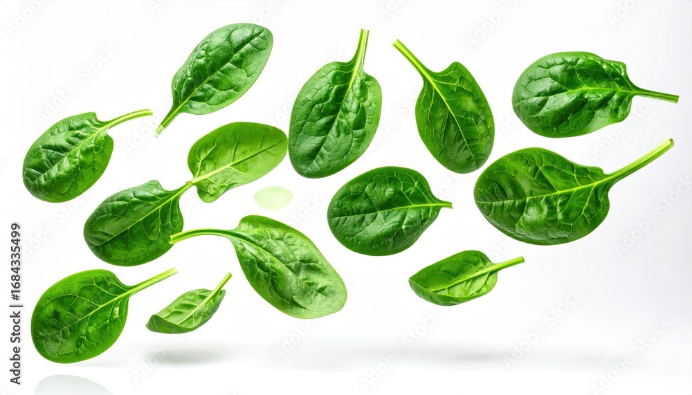 Fototapeta premium Fresh spinach leaves scattered on a white background, highlighting their vibrant green color and natural texture.