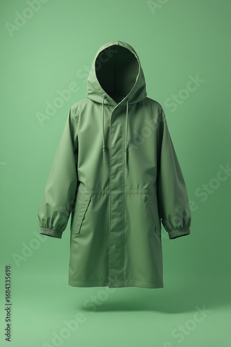 Green Hooded Raincoat Hanging in Studio with Green Background for Fashion or Outerwear Marketing