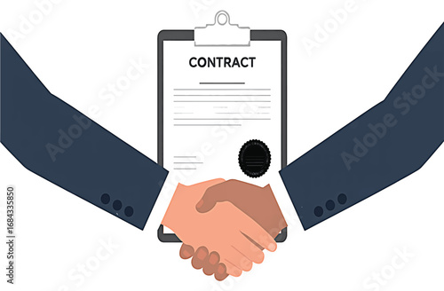 Business partners shaking hands over a signed contract, symbolizing a successful agreement and professional corporate partnership commitment