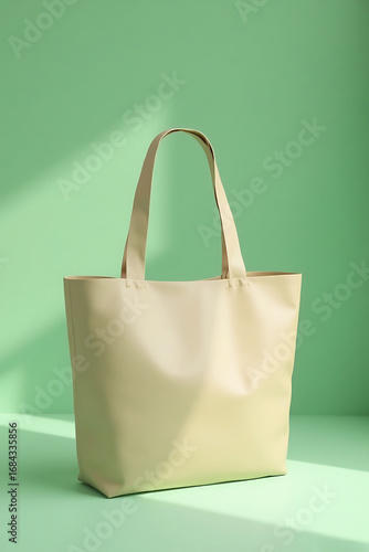 Plain Cream Tote Bag Standing on Light Green Background