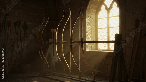Wooden bows displayed in a sunlit medieval workshop