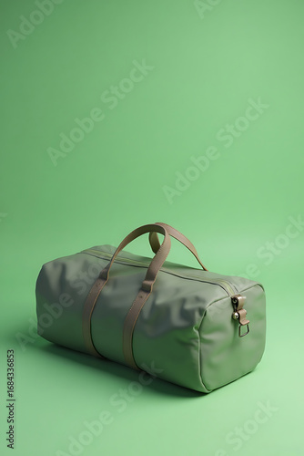 Green Travel Bag with Leather Handles on Soft Green Background