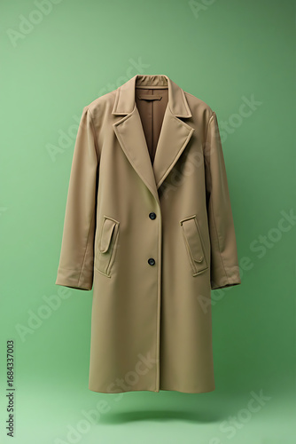 Beige Trench Coat Hanging in Bright Green Background
